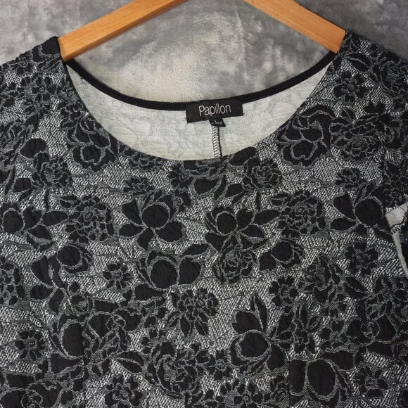 Papillon Womens L Black Floral Fit & Flare Dress Short Sleeve Jacquard Embossed - Picture 5 of 8